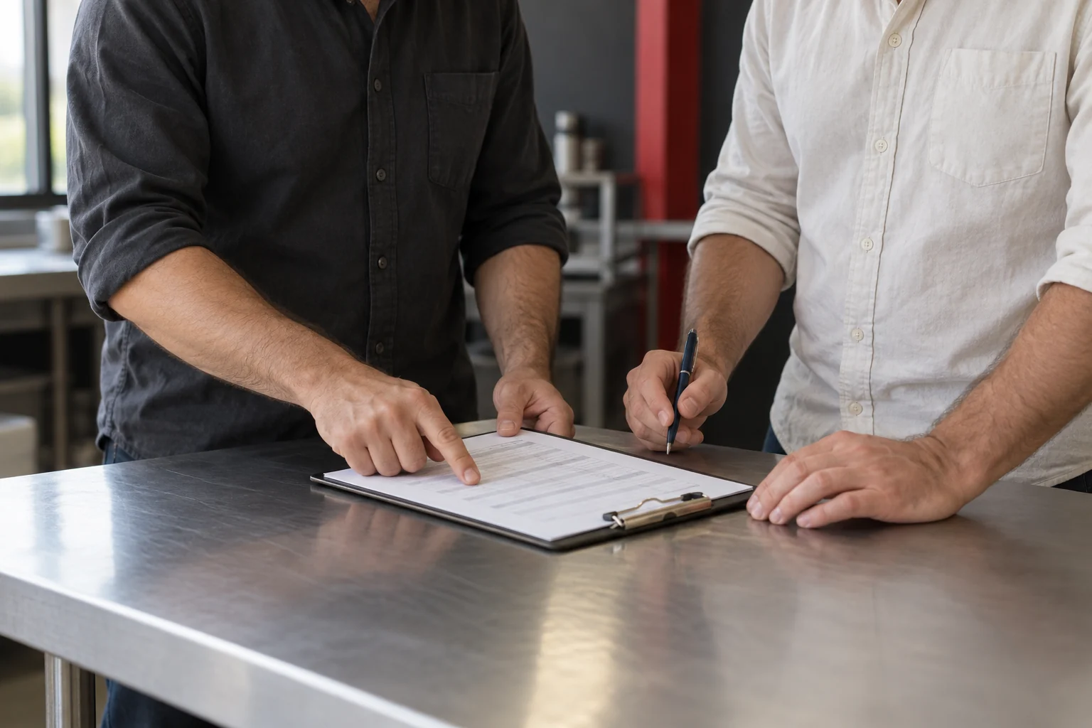 Dos personas revisando juntas un pedido en una mesa de trabajo